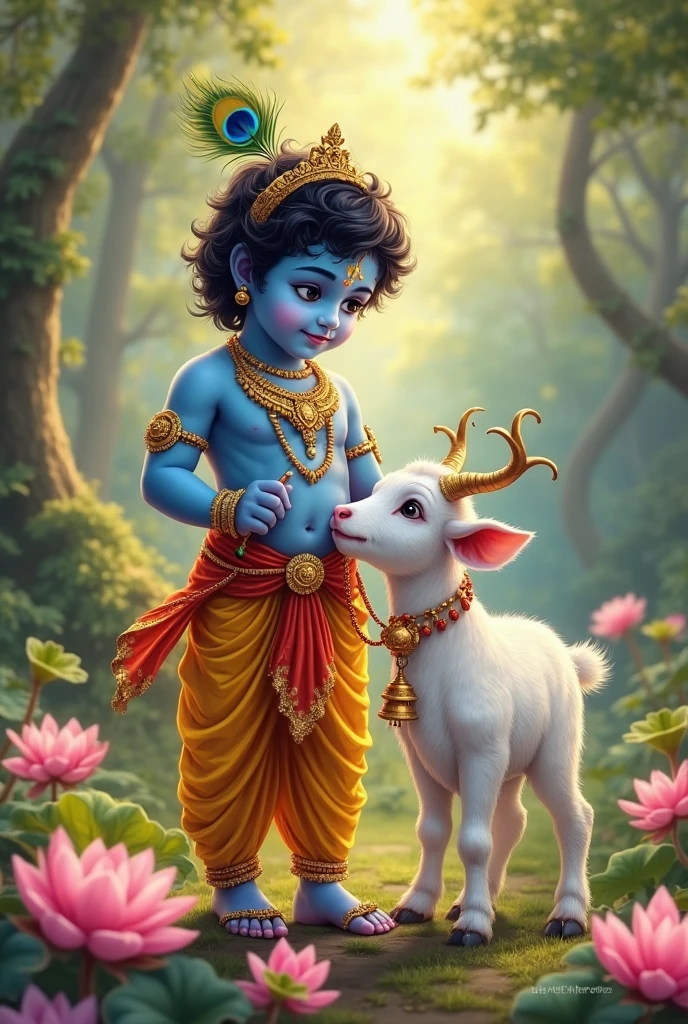 Two little rabbits are starring at Little lord Krishna who is holding a carrot