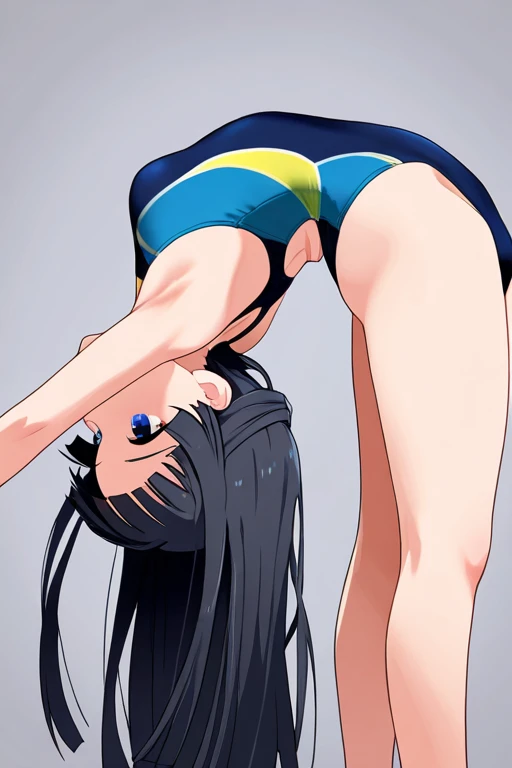 <lora:Salia_Crossange-10:1>masterpeace,best quality,Salia_Crossange, 1girl, solo, long hair,twintails,brown eyes,blue hair,swimsuit,swimsuit,sandals,blue one-piece swimsuit,casual one-piece swimsuit,<lora:JackOPoseFront:1>jack-o' challenge, flexible, spread legs, top-down bottom-up