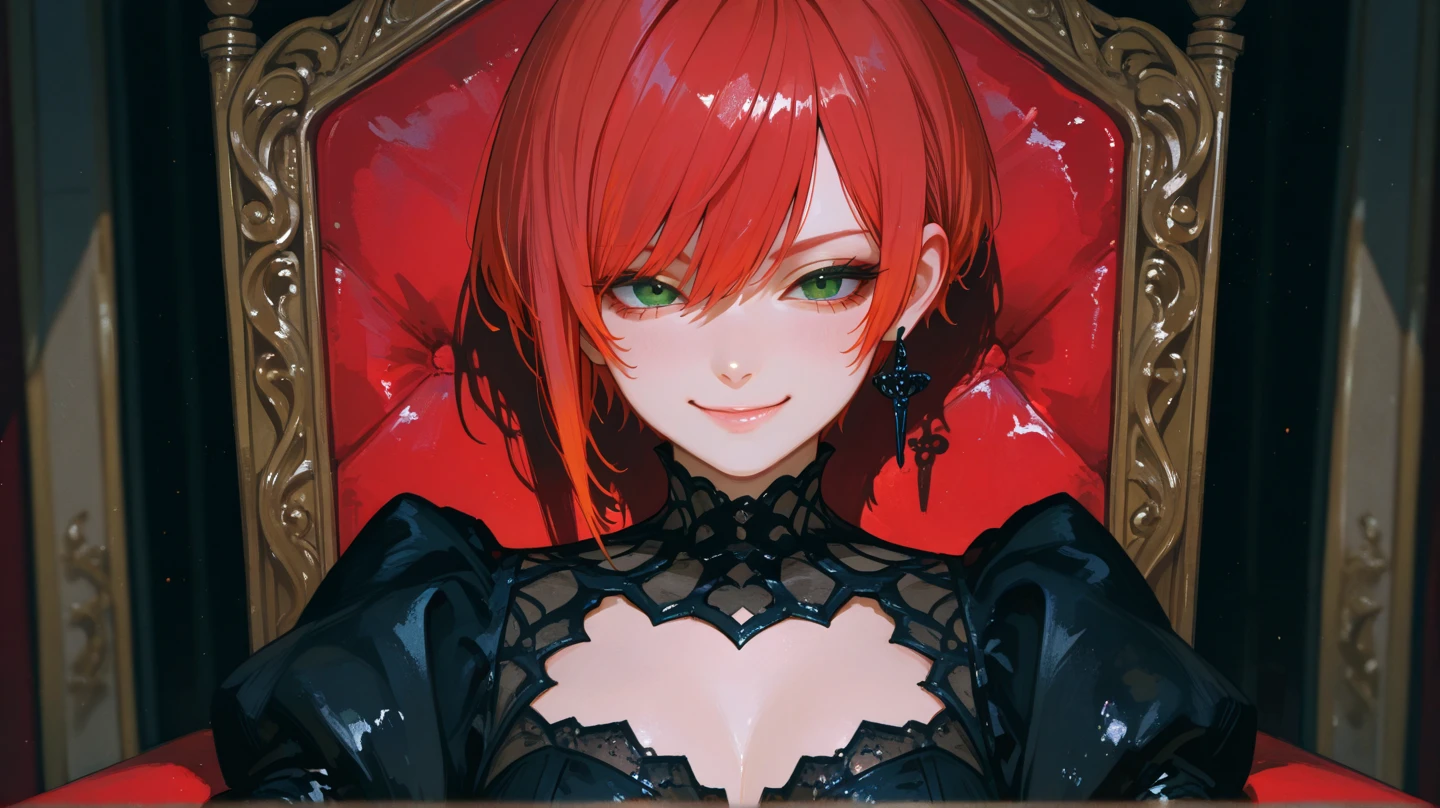 perfect face, perfect eyes, anime girl, red hair, bangs, sorceress, pale skin, dark makeup, mysterious smile, Very detailed, High resolution, masterpiece, Realistic, Beautiful details, depth, Fine texture , highest quality: 1.3, looking at the viewer, dark hair ornaments, heart, green eyes, choker, gloves, long boots, gothic dress