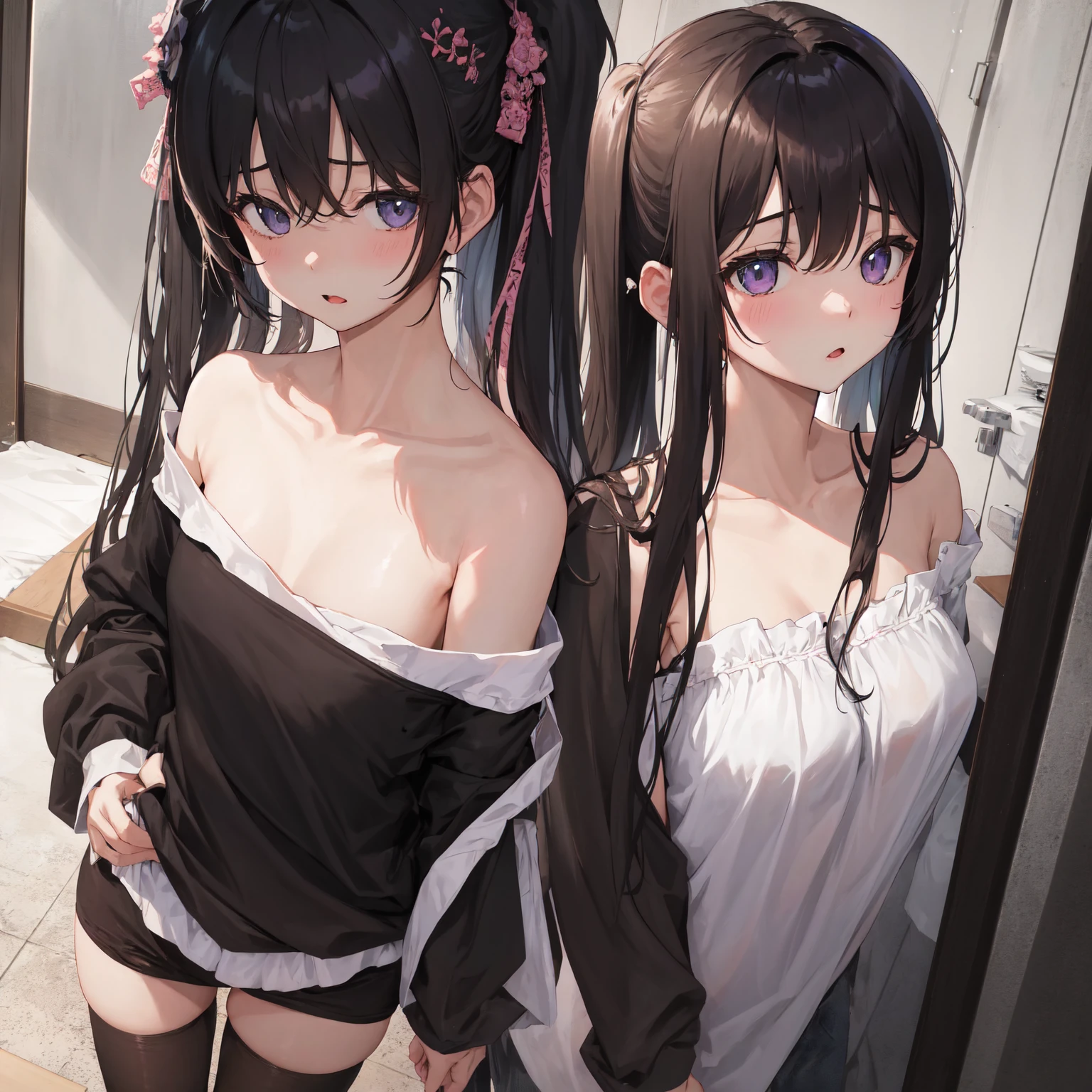((masterpiece, best quality, ultra quality, high quality, hyper detailed, intricate detailed, perfect anatomy, shiny skin)), ((upper body:1.2)), (three women are posing for a camera:1.4), (indoors, bed, pillow:1.2), (Lift up your camisole), (full nude:1.4), (smile, shy, red cheek, blush:1.2), (Open your mouth:1.6), (Stand in line) , brown hair, blond hair, navel, jewelry, looking at viewer, necklace, long hair, short hair, Abdominal muscles, straight hair, bob cut, blunt bangs, silky hair, hair clip, hair band, hair ribbon, one-length haircut, ducktail, outward curled hair, French twist hair, twintails, side ponytail, single braid, wavy hair,
