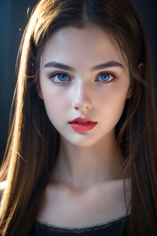 (Realistic:1.2), full body shot. a ultra real full body shot photo of 18 years old cute woman, Black eyes. long black hair, covering her body, sexy and nude, Ultra-close-up macro details in the background, Ultra Contrast, ultra dark decor. Intricate details of her beautiful eyes and perfect face.