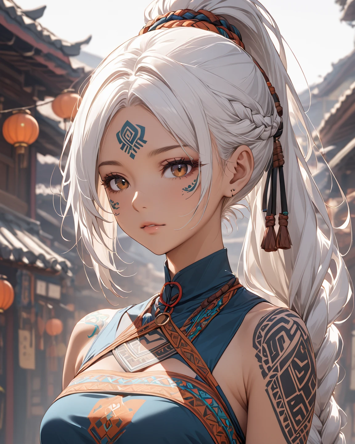 (((woman))), (((best qualityer))), (((tmasterpiece))), (((AS-Adult))), ((( Japanese ))), Look up from your knees, A beautiful asian samurai woman with perfect body, Modern samurai, ((( Asian))), Wear gloves on your hands，The left arm is made of steel and metal tips，Made of protective devices, The eyes are pulled, (( Appears below the breast )), (( Small dental floss )), Simon Bisley, Almost naked（Simon Bisley）Castle City Wilderness，For high-resolution posters, hair straight, Minimum clothing, armure (Crazy clothes ), Full of tips and rivets, tribal tattoos, (((full bodyesbian))), Straight brunette hair，Colored hair ends