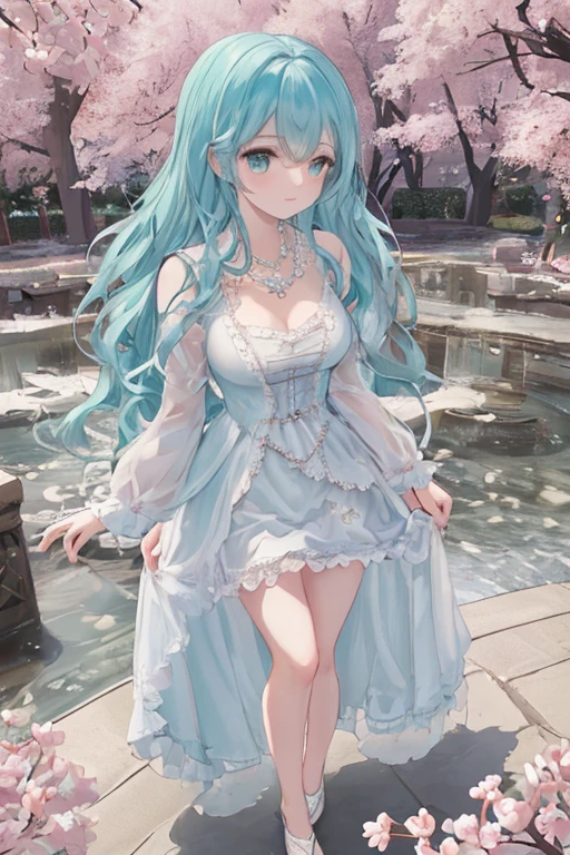 (masterpiece)、(highest quality)、((Super detailed))、(super delicate)、Idol in naughty night dress、light aqua blue hair、beautiful breasts、Thighs、Gorgeous、lake with mountain view、Fantastic starry sky
