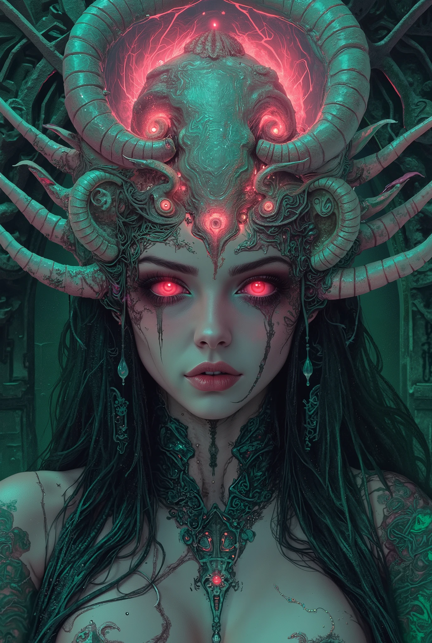 neon colored, (1 beautiful and obscene female alien:1.4), (There is a female genital-like organ in the middle of her forehead:1.95), She has medusa-like hair, (there are lots of translucent tentacles from her head like her hair:1.5), (vulgarity1.7), (she is looking down at viewers with glowing red eyes with no pupils:1.6), (She has translucent pale skin:1.4),(She has the most beautiful face in the history of the universe:1.2), (She has multiple bioluminescent organs on the side of her tentacles:1.4), (Her body is covered with an iridescent exoskeleton:1.4), (She is showing her arm pits:1.6), an evil gaze that seduces, wet long tongue, (looking down at viewers:1.4), (bio luminescent:1.4), (Smile wickedly:1.3), (sexypose:1.4), alien, No humans, cells are fused, extraterrestrial, cell, bio image, ultra high resolution, (photos realistic:1.7), (Numerous award-winning masterpieces, with incredible detail, textures and maximum detail), Dramatic Lighting, cinematic quality, (exquisite details:1.2), High freshness, drawing faithfully, Beautiful eyes with fine symmetry,(Highly detailed face and eyes:1.2),(Super detailed skin quality feeling:1.4), perfect anatomy, (Beautiful toned body:1.5), (Moist skin:1.2), not wearing makeup, (dark circles:1.1), cinematic drawing of characters, cinematic quality, (exquisite details:1.2), high resolution, High freshness, drawing faithfully, official art, Unity 8K Wall paper, ultra detailed artistic photography, midnight aura, unreal engine 5, Ultra Sharp Focus, art by MUCHA, art by Amano Yoshitaka, ArtGerm, ultra realistic realism, dream-like, Creation of fantasy, dream Snail, (biopunk nautilus:1.3),Thrilling color schemes, seductively smiling, Amazing mutation, well-proportioned body, goddess of the deep sea, fractal, Geometric pattern, impossible figures, subtle emerald green accents, (expression of ecstasy:1.5)