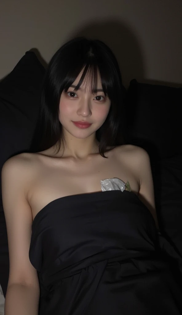 Black bathrobe,bare shoulder,(open mouth:1.5),(tongue out:2),lying,hand between legs,overhead shot,front view,face focus,(1girl,Beautiful 14 year old girl,teenager),((Slender,Small breasts,Small face,)),(looking at viewer),Black Hair,bangs,one side up,Beautiful and detailed,(Dimly lit room:1.5),White bed,pillow,Mischievous smile
