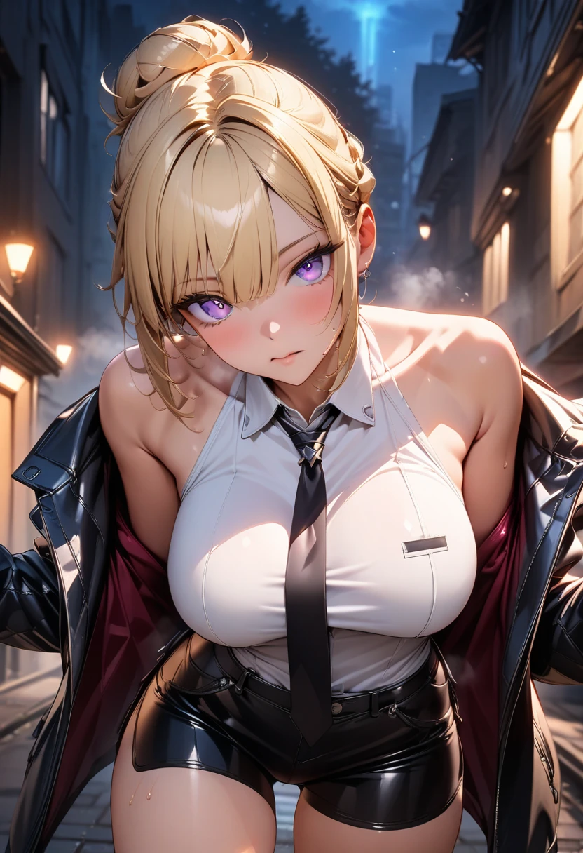 masterpiece, Highest quality,  Unreal Engine,  Super Resolution,  Very detailed, 

Beautiful woman, pakuwz, blonde hair, red eyes, cleavage, short hair, formal, purple jacket, high heels, no bra, purple skirt suit, large breasts, Vivid expression, Healthy Body, Beautifully detailed sweat glands, Smooth skin texture, Carefully drawn, 

(humidity:1.5), Beautiful Eyes, (Attractive face:1.2), (Beautiful Skin), Tight waist, (Big Breasts), (Sticky with sweat), Dynamic pose, 

In the world of Hunter Hunter, Outdoor,  In the newyork city, night, 