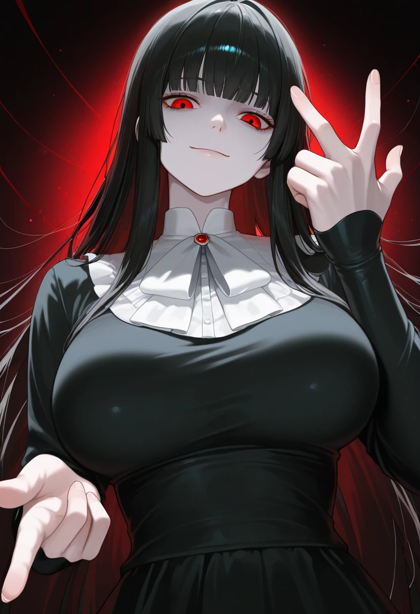 best quality, amazing quality, very aesthetic, absurdres, 1girl, rio (blue archive), blue archive, solo, red eyes, black hair, strapless, (artist official art:1.5), (realistic face), (narrowed eyes), (cowboy shot), (concept art), panties, (thigh, heart hands, glowing eyes:1.4), expressive eyes, perfect face, 4k, extremely detailed anime illustration, extremely detailed eyes, enhanced details, perfect anatomy, extremely delicate body, smooth skin, feminine expression, (black background:1.5), cristal clear eyes, beautiful face, big breasts