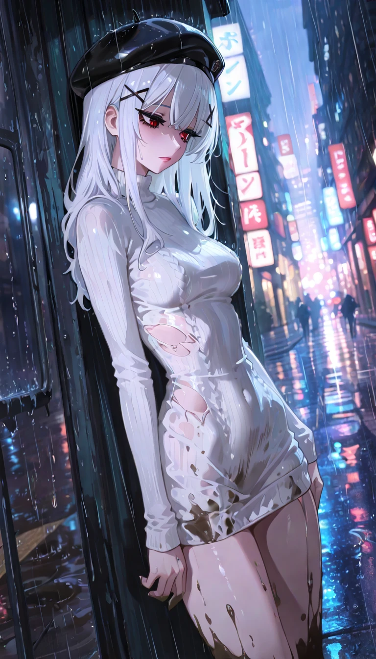 ((best quality, 8K, masterpiece:1.3)), focus:1.2, Perfect body beauty:1.4, Hips:1.2, ((Layered Hairstyle, breast:1.2)), (wet clothes:1.1) , (rain, street:1.3), Tube Top Dress: 1.1, Highly detailed face and skin textures, beautiful eyes, Double eyelids, Skin Whitening, long hair, (shut up: 1.3)