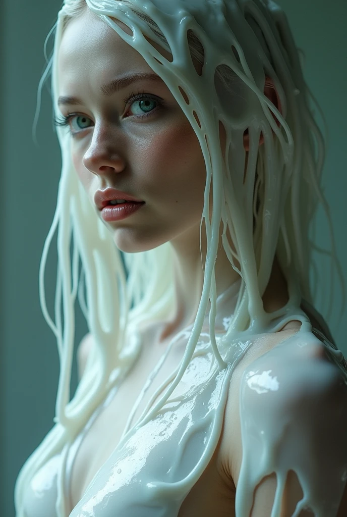 Full body Rick Santos milk dress photography, stunning centered face portrait, looking stright to viewer portrait of beautiful woman in liquid milk dress and accessories, dress made of milk splashes, milk splashes, milk in hairs, leaking milk, liquid, liquid hair, waist, hips, extreme textures and details, milk splashes background, 64K, cinematic photography, vivid magical colors, very fast shutter photography, detailed eyes, white milk, opened eyes, milk explosion