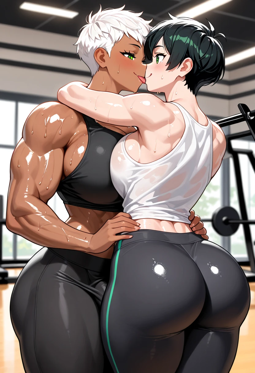 gym, workout, hot, sweating, sweaty, tan, big boobs, tan skin, flustered, blush, black clothes, see thru, yoga pants, man touching ass, grabbing boobs, boob grab, trainer, black hair, ponytail, ass, ass grab, touching ass, booty grab