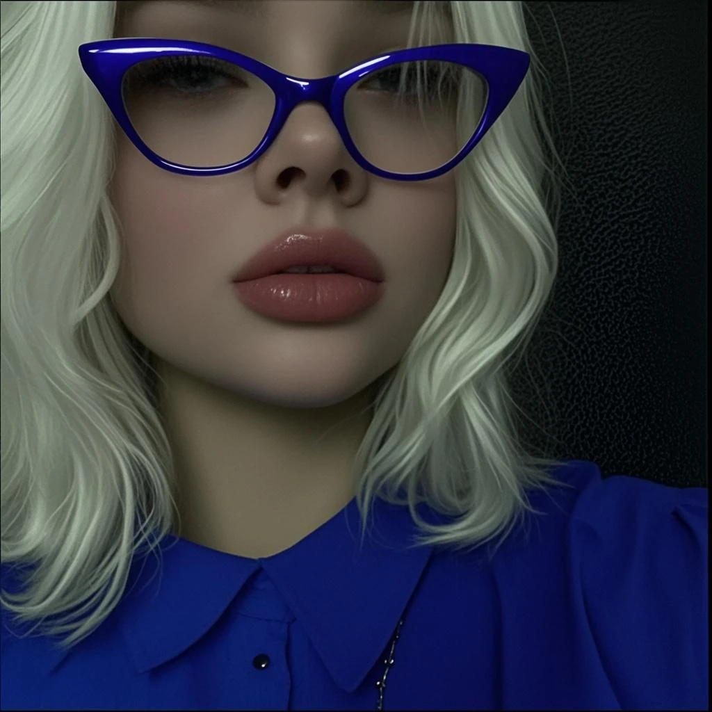 blond woman avec des lunettes and red lipstick looking at camera, petites lèvres, nez pointu, Jimin\les lèvres charnues, lèvres charnues, avec des lunettes, ruan mignon vtuber, vidéo de mauvaise qualité, photo de profil, lunettes épaisses, belle delphine, très très mauvaise qualité, très petites lèvres, gros nez rond lèvres fermées, lèvres sexy, jolie moue