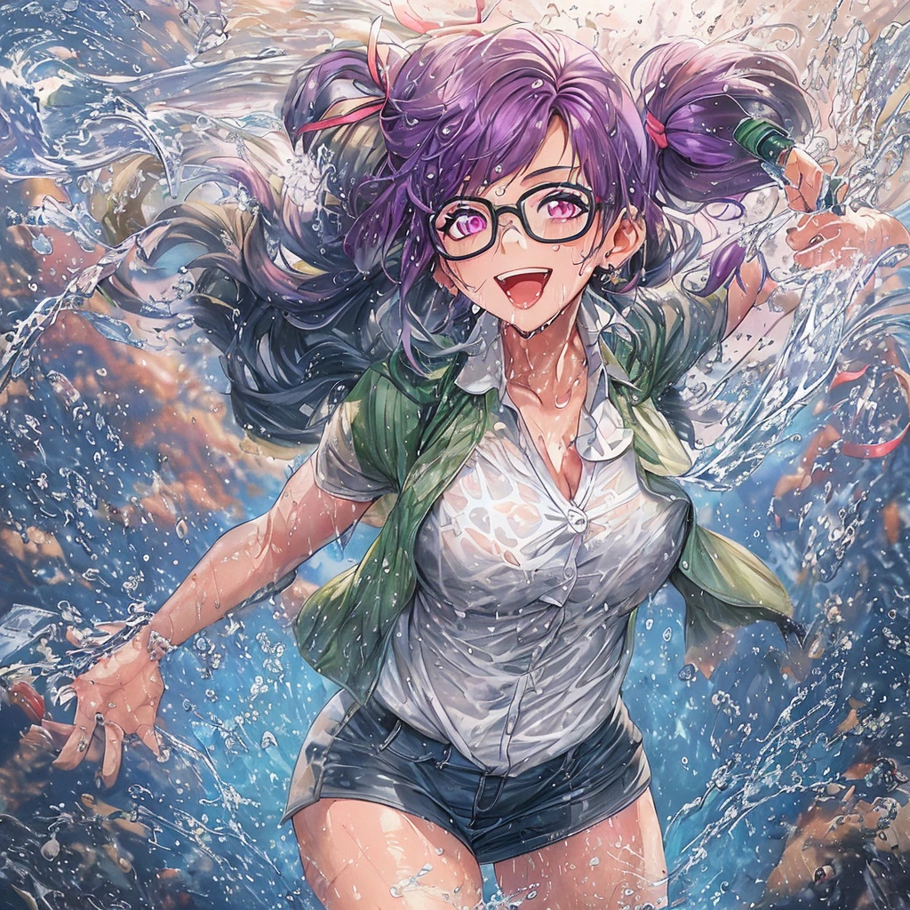 1girl, masterpiece, ((skinny girl, skinny arms)), ((dark eyeliner)), best quality, realistic face, black and blue hair with bangs and ponytail, large glasses, , , , green eyes, nose ring, chubby cheeks, long nose, low nose, high lips, dark eyebrows, ((trad blue and grey sundress)) thunderstorm background, ((raining)), ((golden hour lighting)), back porch background, dancing pose, big smile, w3t
wet top, wet hair