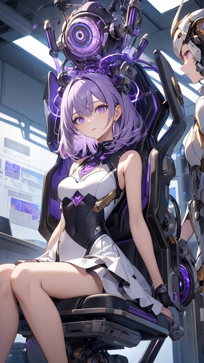 complex anime 3d render ultra detailed, (((masterpiece))), (((best quality))), ((ultra-detailed)),(3D Cartoon rendering),(from side),cinematic light,((single mechanical girl,alone)),({best quality}),(Ultra Fine),(full detail),delicate youthful face,well_developed curves,hourglass_figure,perspective,beautiful_face,high_quality_outfits,futuristic_outfits,silght_blush,full_body,full detail face,protective outfits,Honkai_Impact,scientist,anatomical,Ray Tracing,Isomeric_view,;

(purple hair:1.5),indigo hair tips,two strand of deev violet hair framing face,violet ahoge, (waist-length flowy hair sorted into two parts on back),(one sharp triangle-shaped white mechanic head ornament at left side);(shiny yellow eyes:1.7, cross pupil),yellow goggle eyeglasses,golden hexagon necklace

Futuristic dress outfit,mechanic gadgets,elegant and modest outfits,black collar,black long slender sleeves,black arm bracers,white bracelets,black gloves,white vest,white tanktop with violet lines,black mechanic corset with a pair of golden buttons,violet zipper,violet traces,metalic waistband with gadget holsters,white waist pack,violet waistband,(white scifi armor skirts,knee-length asymmeric segmented hems),(black streamline plain tassets),violet knee-length dress,black shorts,(black and violet pantyhose),golden mechanic gartener belt around left leg,silver waistband with gadget holsters,knee bracers;silver mechanic boots,heeled boots;

calm expression,brooding,stretching hands,standing,looking forwards

Alone in white scifi command room with toolstands,standing in a spaceship,beside a workbench,starry sky visble through window in background, (starry sky:1.2),dreamy, [[delicate fingers and hands:0.55]:0.85],(detailed fingers)