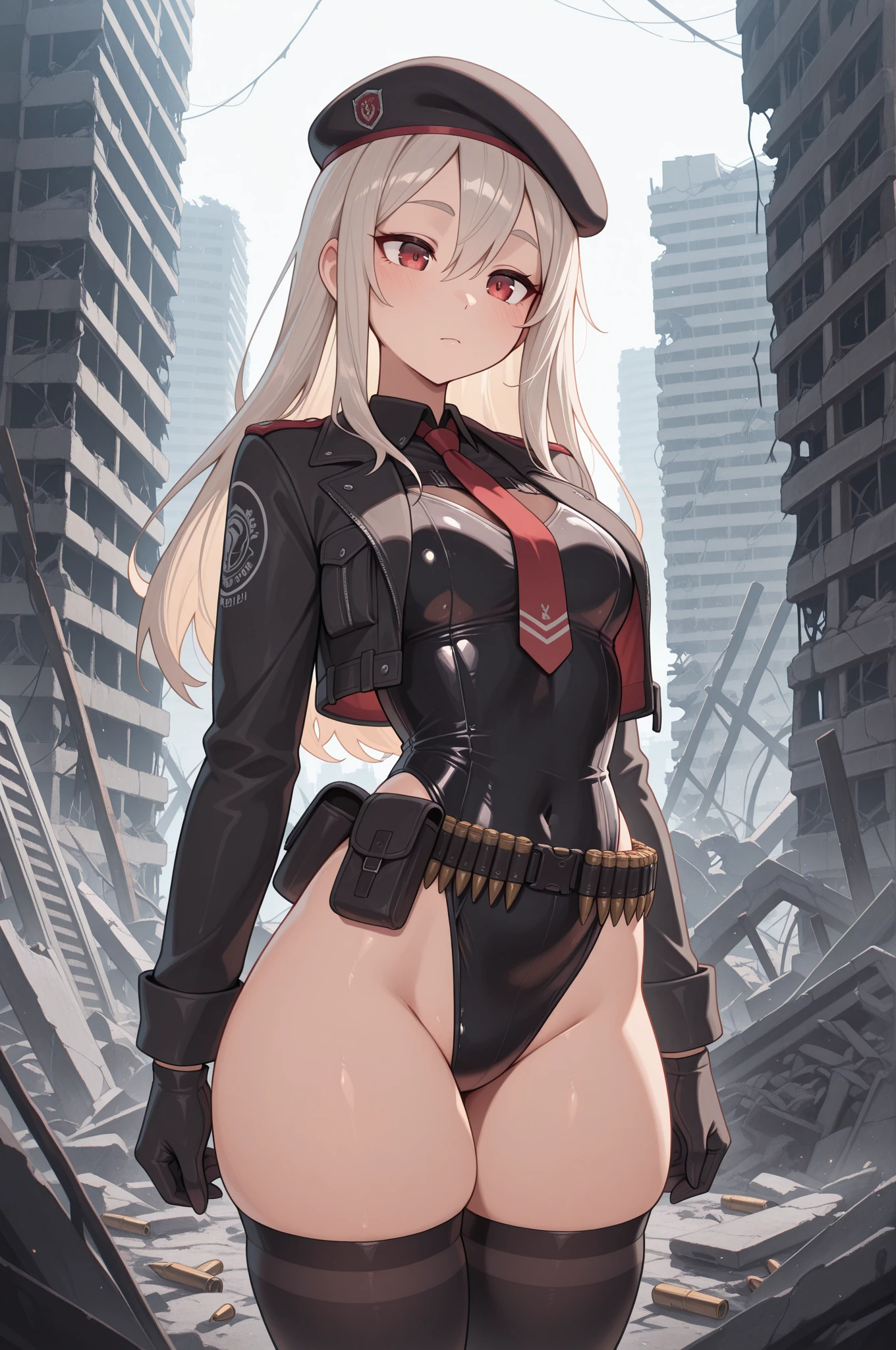ultra-detailed, Explicit, Beautiful body, Beautiful Nose, Beautiful character design, perfect eyes, perfect face, ultra highres, 4K, beautiful legs, perfect legs, Nice hands, Perfect hand, Masterpiece, Best Quality, Highly detailed, illustration, absurdres, perfect anatomy, street fighter, doll suit, shadaloo doll, dollsuit, expressionless, blank eyes, looking at viewer, red gloves, emotionless, black latex, corrution, mind control, female combatant, full body, hypnotized, unhappy trance, full body suit, ribbed bodysuit, both arms at side, obey, perfect female body, extremely glossy latex, hypnosis, hypnoLora, empty eyes, Mind control device, poses, submissive_pose, Slave, hat, necktie, stand up straight, standing, standing at attention, hat, necktie, belt, latex, ribbed bodysuit, thighhighs, garter belt, Fighting Stance, extending the right arm from the shoulder into the air with a straightened hand, military, thigh boots, 1girl, hair ornaments, grey hair, long hair, green eyes, Ootorii Asuka, Magical Girl Spec-Ops Asuka