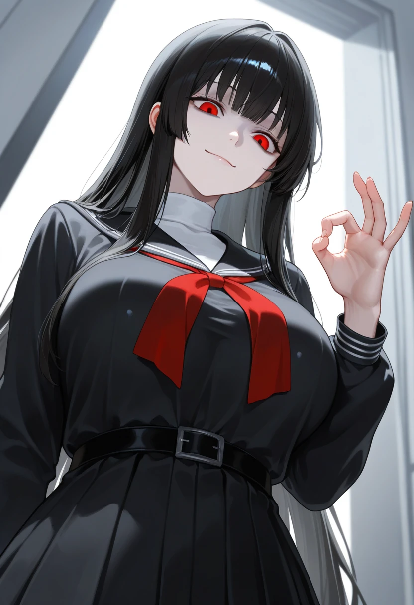 a woman who looks beautiful and elegant, her dark red eyes look cool and her hair is black in a wolf cut style, she wears a black uniform and grins slightly at the camera, and with plain background 