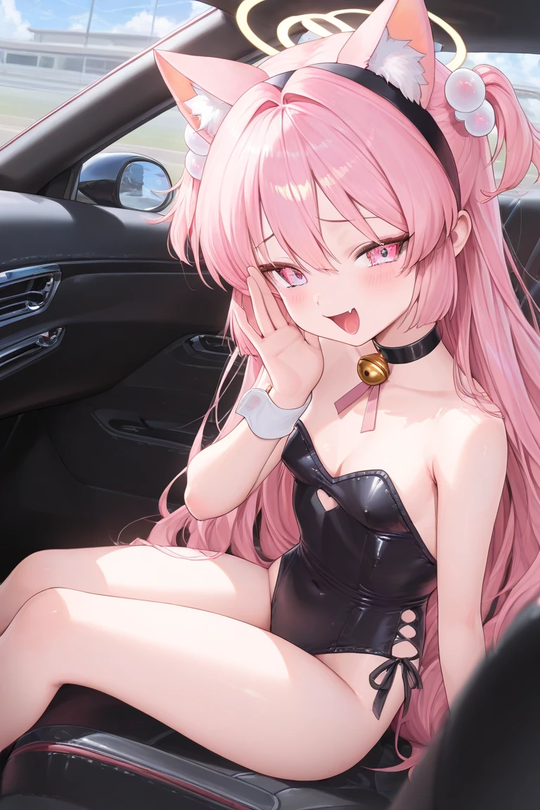 Happy , with wolf ears and pink hair, holding her cheeks, wolf tail, wearing a latex dress, looking at veiwer, full body, you can see her chest, naked breasts