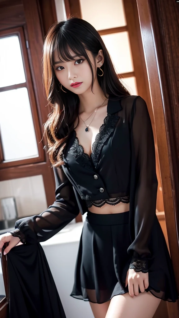 highest quality, Very detailed, masterpiece, 1 person,woman,(((完璧なwomanの体))),Very beautiful face, Very beautiful body,Gentle expression, Very beautiful eyes,(Perfect Makeup:1.1),Fashion Model,short hair,Shaggy Hair,Hair Bun,Chestnut Hair:1.3, very thin body,Smart Abs,Lace black blouse,Cotton Long Skirt,necklace,anklet,Elegant pumps,A kind smile,Full body portrait,(Street background:1.3), (Shiny skin),(Earrings),Elegant scarves,See-through long shawl,