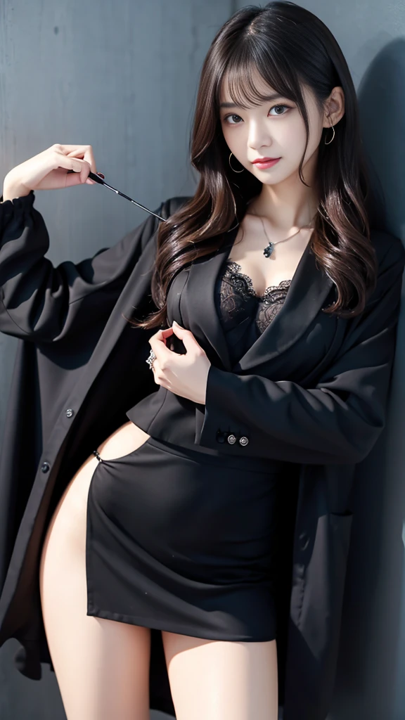 A very tall Chinese woman wearing a black bra ,un petit short en noir et une longue veste en noire(jusqu'à ces genoux), elle a des grands seins et des longues cheveux noirs qui touche le sol.
