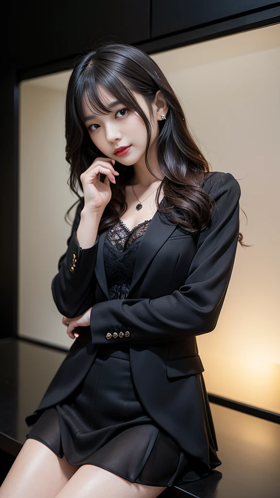 Super detailed、Japanese、charming beauty、Dainty woman、sharp eyes、cool girl、wavy hair、suit、Jacket、blouse、Tight Skirt、black pantyhose、evil female executive、evil depravity、brainwashing、Mind control、lacy fabric、Shiny legs、lipstick、lip gloss、grin、邪evilなな表情、evil、empty eyes、邪evilな、reach out your hand、in the darkroom、lure、meanwhile