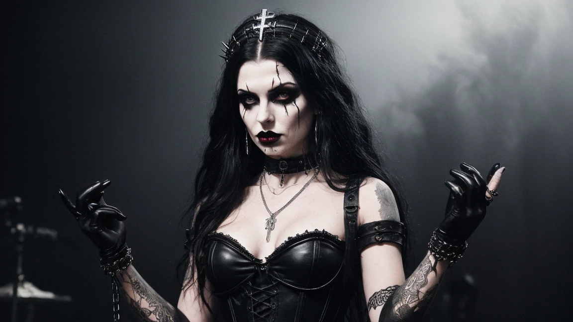 Homem e mulher vestidos de preto posando para uma foto, com pintura facial de metal preto, Black Metal, estilo Black Metal, pintura facial de metal preto, Black Metal Aesthetics, black metal rococo, corpse paint, Marduk, metal escuro, ouro e metal preto, com seus longos cabelos pretos, lo gothic!!, banda de Black Metal cyberpunk, com preto