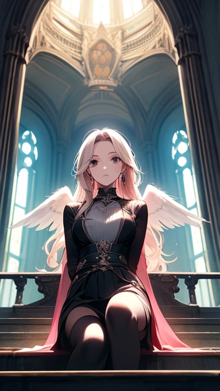 masterpiece, realistic, hyperrealistic, best quality, ultimecia, horns, red dress, plunging neckline, feather trim, black wings, facial marks, claws, full body, smirk