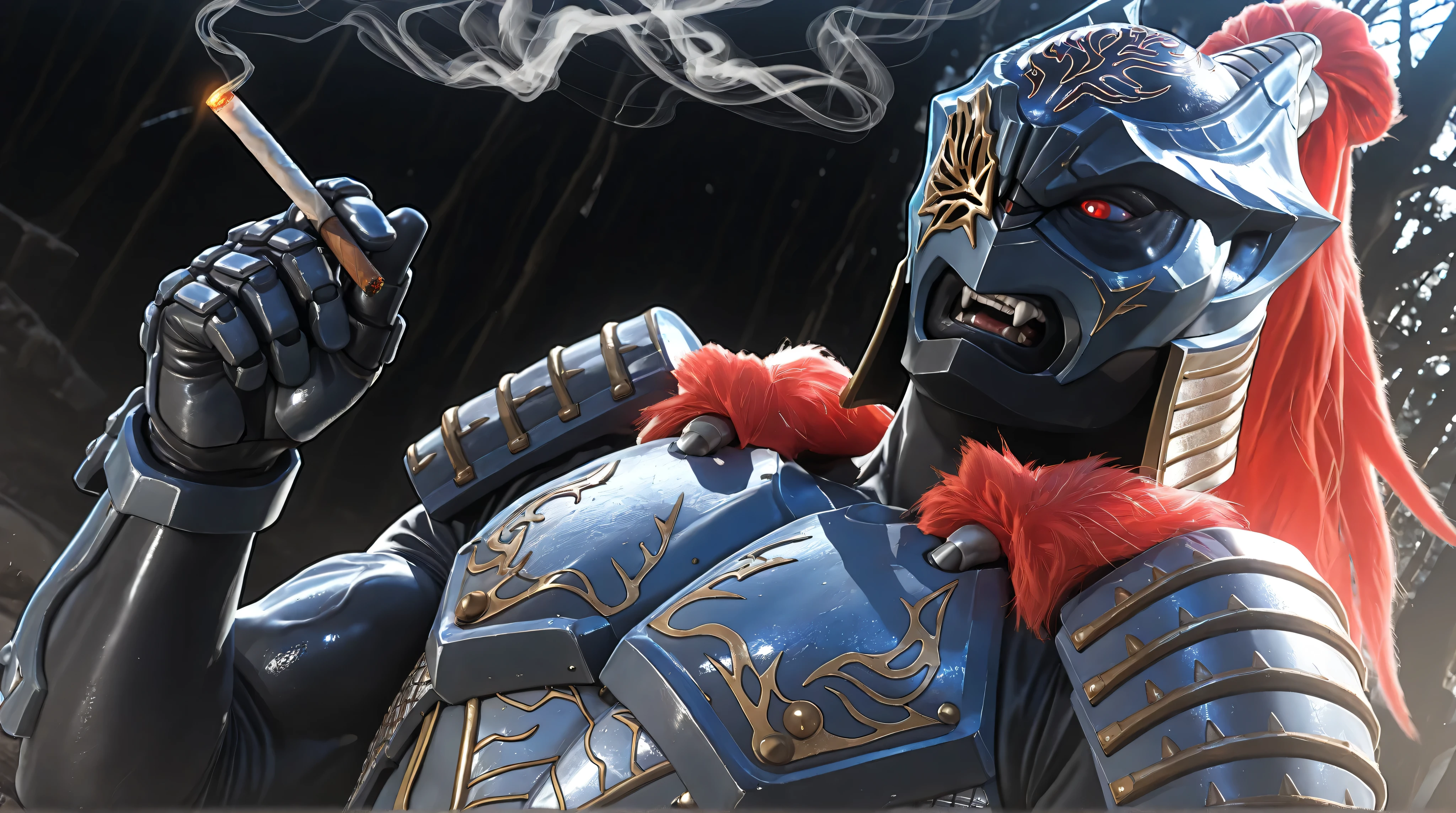 (Zamushar, pitch black manly body, masculine, muscular, defined muscles, bara, detailed armor), nsfw, monster male, shiny skin, red hair, ponytail, white pupils, fangs, uneven eyes, (one-eyed), chest armor, waist armor, Gauntlets, (muscular), leg guard, evil eyes, [[[close up]]], (smoking, five fingers:1.25), upper body, BREAK, (dutch angle), (white background), dynamic lighting, rim lighting, japanes nature, night, BREAK, masterpiece, best quality, official art, detailed, 8K, game cg, ultra-detailed, beautiful detailed eyes, very aesthetic, IllusP0s, nsfw, (solo), five fingers, 