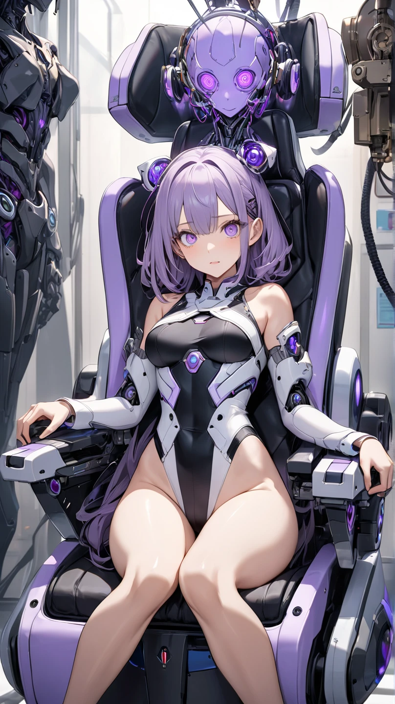 (Cute a girl and a robot:1.5), (a girl with closs hair pin,pale purple hair,bluntbangs hair,green and black eyes,look at viewer:1.4),Girl raped by robot, nipples exposed, robot penis inserted in pussy, cross section, crying girl, legs spread wide, missionary position,closed eyes,open mouth,