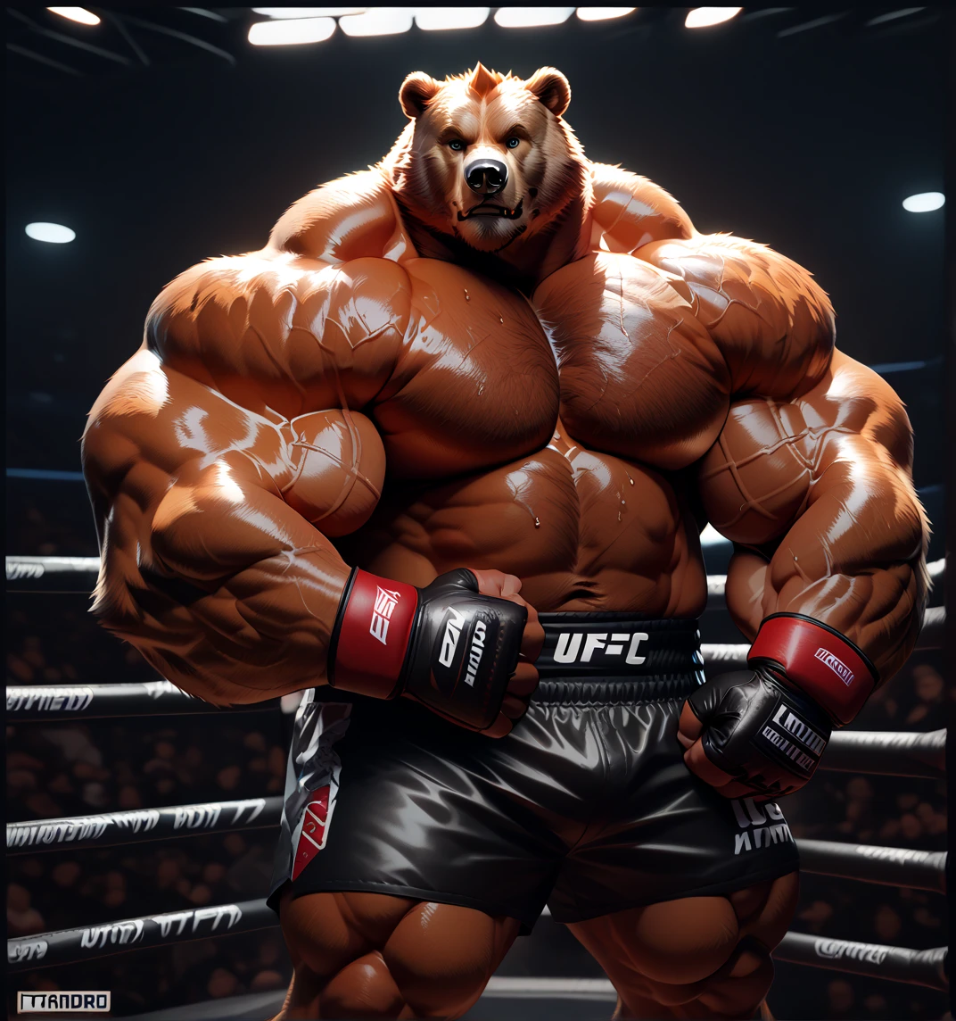 a huge muscular kodiak brown bear, extremely detailed brown fur, powerful pecs, beer belly, veins popping,red boxing gloves, black boxing pants with red line, flexing for boxing victory, masterpiece, 8k, ultra-detailed,realistic,photo-realistic,physically-based rendering,vivid colors