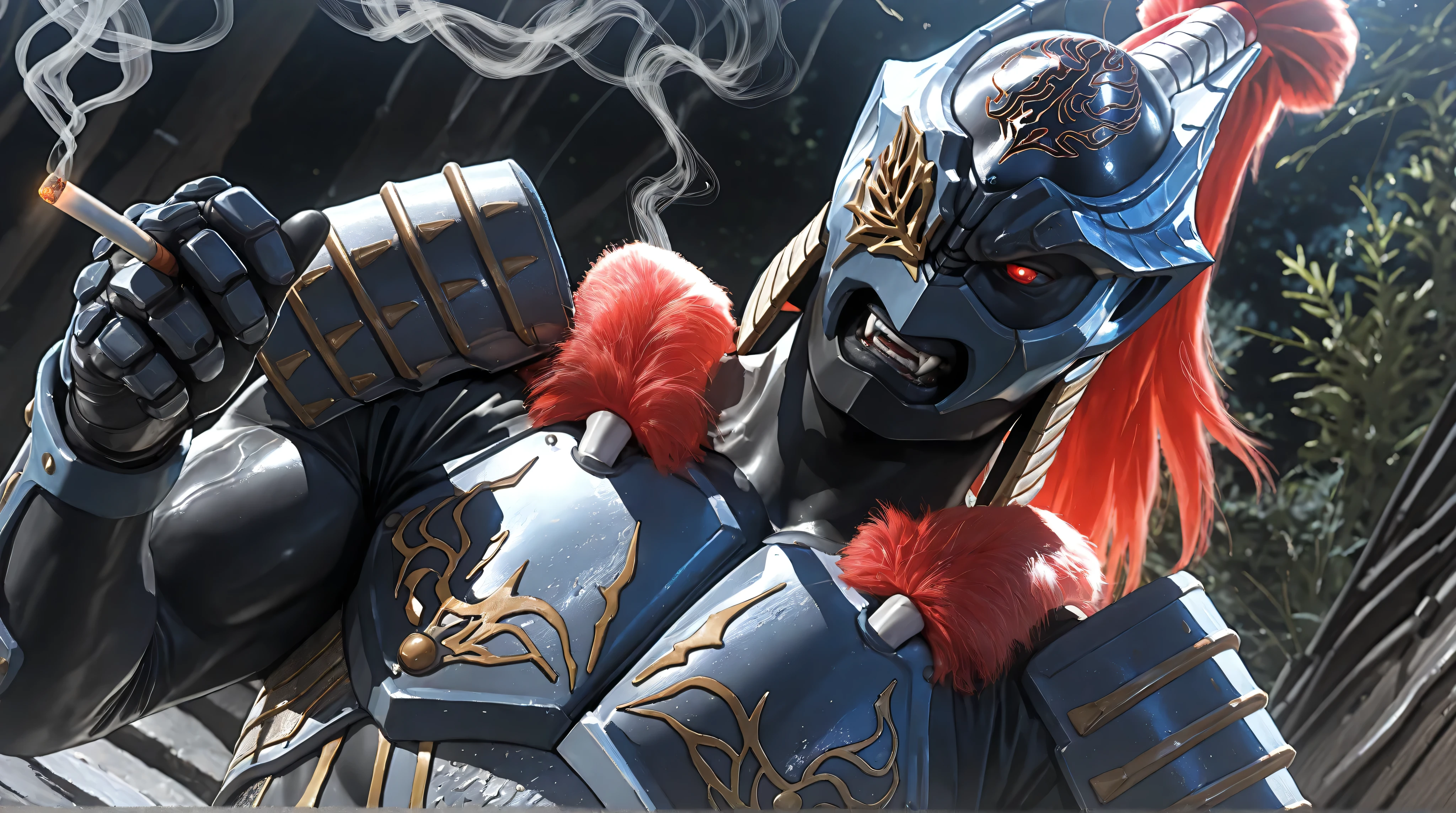 (Zamushar, pitch black manly body, masculine, muscular, defined muscles, bara, detailed armor), nsfw, monster male, shiny skin, red hair, ponytail, white pupils, fangs, uneven eyes, (one-eyed), chest armor, waist armor, Gauntlets, (muscular), leg guard, evil eyes, [[[close up]]], (smoking, five fingers:1.25), upper body, BREAK, (dutch angle), (white background), dynamic lighting, rim lighting, japanes nature, night, BREAK, masterpiece, best quality, official art, detailed, 8K, game cg, ultra-detailed, beautiful detailed eyes, very aesthetic, IllusP0s, nsfw, (solo), five fingers, 