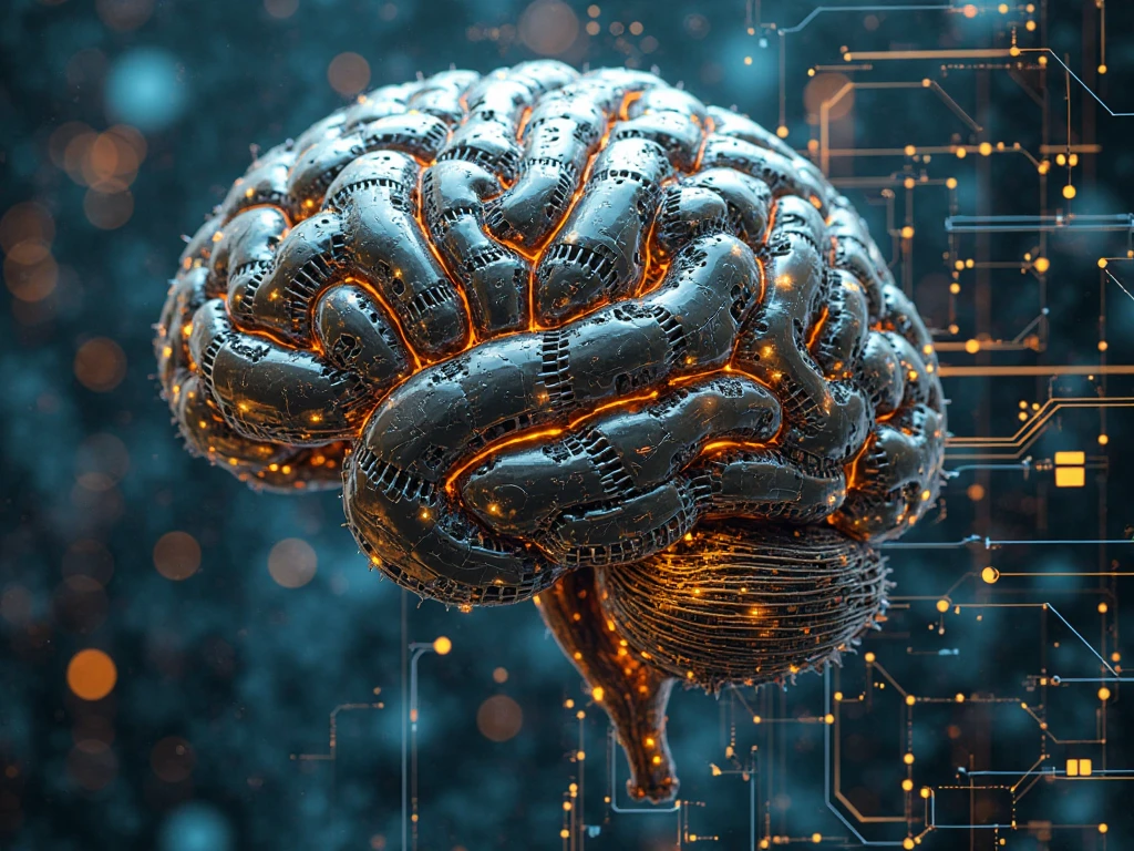 A stylized brain composed of electrical circuits, with visible connections linking it to other circuits around. The image should show the brain formed by lines and circuit components, like wires and chips, with a subtle glow to highlight the connections. The other circuits around it should appear interconnected., creating a complex network. The background should be neutral or technological to highlight the design of the circuits and connections..