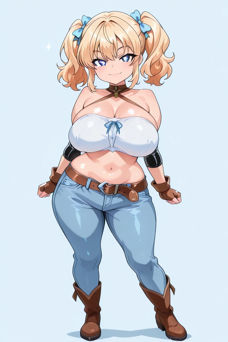 <lora:VenusInk3-000006:0.58>, venusstarrts, dark blue hat, cowboy hat, blue eyes, large breasts, shoulders, ruby choker, shoulders, bursting tied shirt, brown gloves, gigantic large breasts, b1mb0, kneeling, legs spread, <lora:b1mb0_v3:0.2>