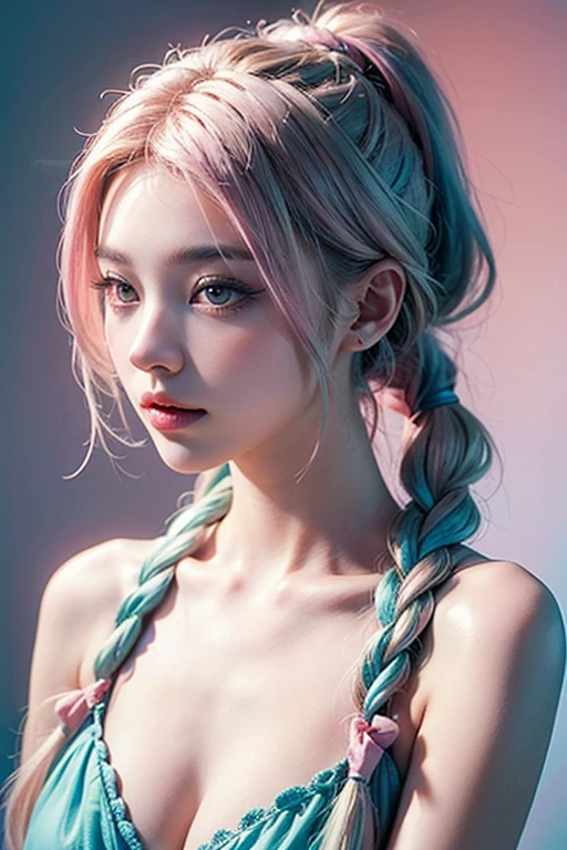 una pintura de una mujer con largo cabello blanco y trenzas, hermosa pintura de personajes, Impresionante estilo artístico, estilo ross tran, Rhads y Lois Van Baarle, alena aenami and artgerm, artgerm y atey ghailan, moebius + loico + ¡vaya!, impresionante arte de personajes, obra de arte al estilo de guweiz, jisoo from blackpink, popular south korean makeup, quality detailed ,(beautiful makeup :1.2), Wide hips, big, big ass, (best quality, 8K, masterpiece: 1.3), Clear focus: 1.2, Perfect body beauty: 1.4, strong abs, Very detailed face and skin texture. , detailed eyes, double eyelids, (long hair), having very marked curves, with greater volume in ((hips and breasts)), which makes the waist look much smaller ((wasp waist)).