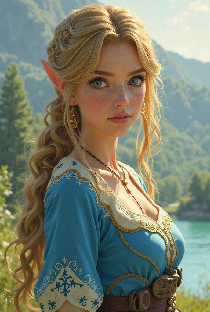 beautiful blond Elf woman, has long hair tied in a single braid over her shoulder, wears an elegant dress. she is the wife Lord.
