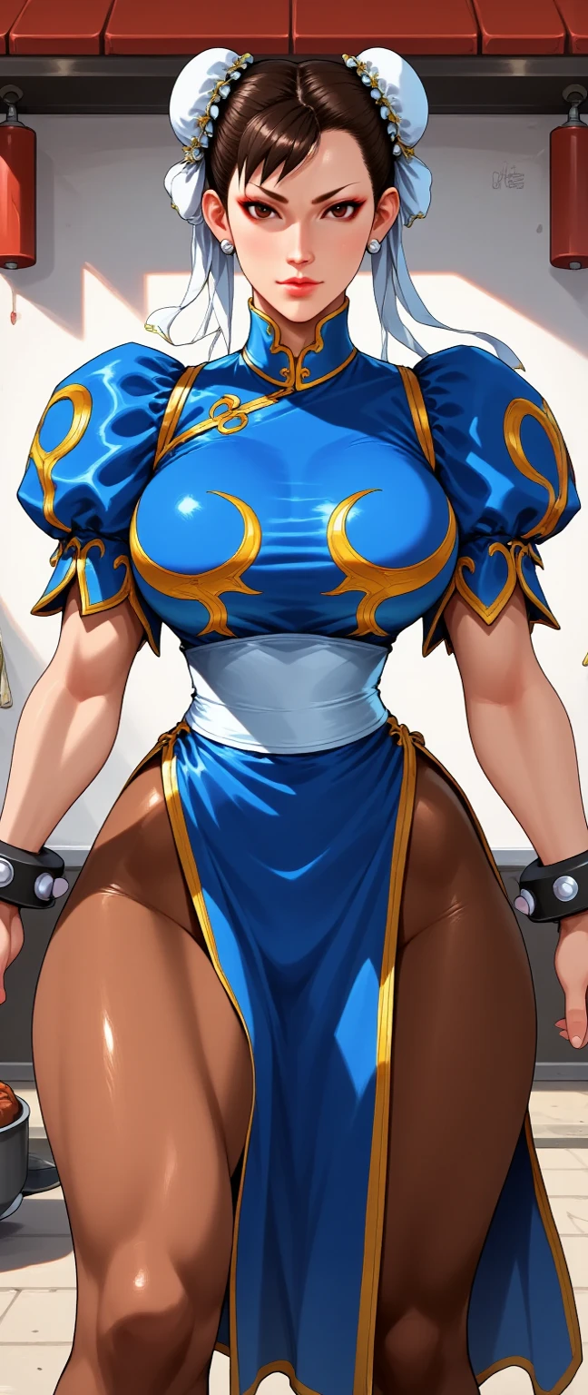 1girl, (standing alone:1.2), (Standing:1.looking-into-camera:1.3), (cowboy shot:1.5), sorrido, glad, at ease, (Curvy:1.3), (breasts big:1.2), flat stomach, (master part:1.3), (best quality:1.Perfect Anatomia:1.4), highy detailed, Fumio, linear sketch, pastel hues, glossy, filmic grain, (Curvy:1.3), (breasts big:1.3), Broad Hips, narrow waisted, (flat stomach:1.2), chun li, eyes browns, short hair, brown hair, double bun, White Coke Cover, blue dress, pelvis curtain, spiked bracelet, tape, brown pantyhose, flat background, from above view, leaning forward, perspective