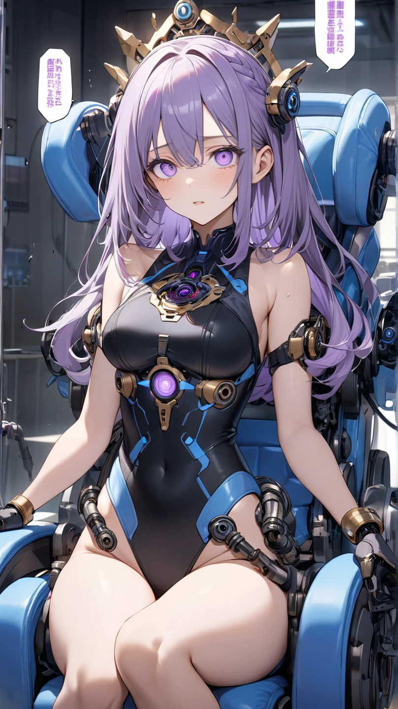 realistic image, detailed image, coherent image, 1 beautiful girl, she has very long hair, cream-colored hair. Her eyes are violet. Smiling expression. She is wearing a strapless top, plaid pleated mini skirt, She has a curvy body, small breasts and thick thighs, She is sitting on her knees, arching her back. view from below. futuristic atmosphere, surrounded by robots, surrounded by flowers. Soft focus, Dramatic shadows, Volumetric lighting, natural lighting,