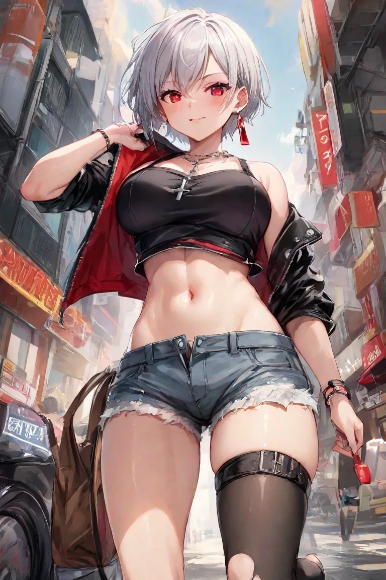 ((masterpiece, highest quality:1.2)),cowboy shot,1woman,20 year old beauty,solo,((very small head)),short hair,messy hair,light blue hair,blue eyes,blunt,((very long and slender body)),toned body,skinny,medium breasts,shiny skin,oily skin,blush,A strong smile,Red leather jacket、 Red tight mini skirt、black tube top bra、black_thighhighs,Bounty Hunter、Holding a handgun in your hand、on street,Big cities、Cyberpunk World、
