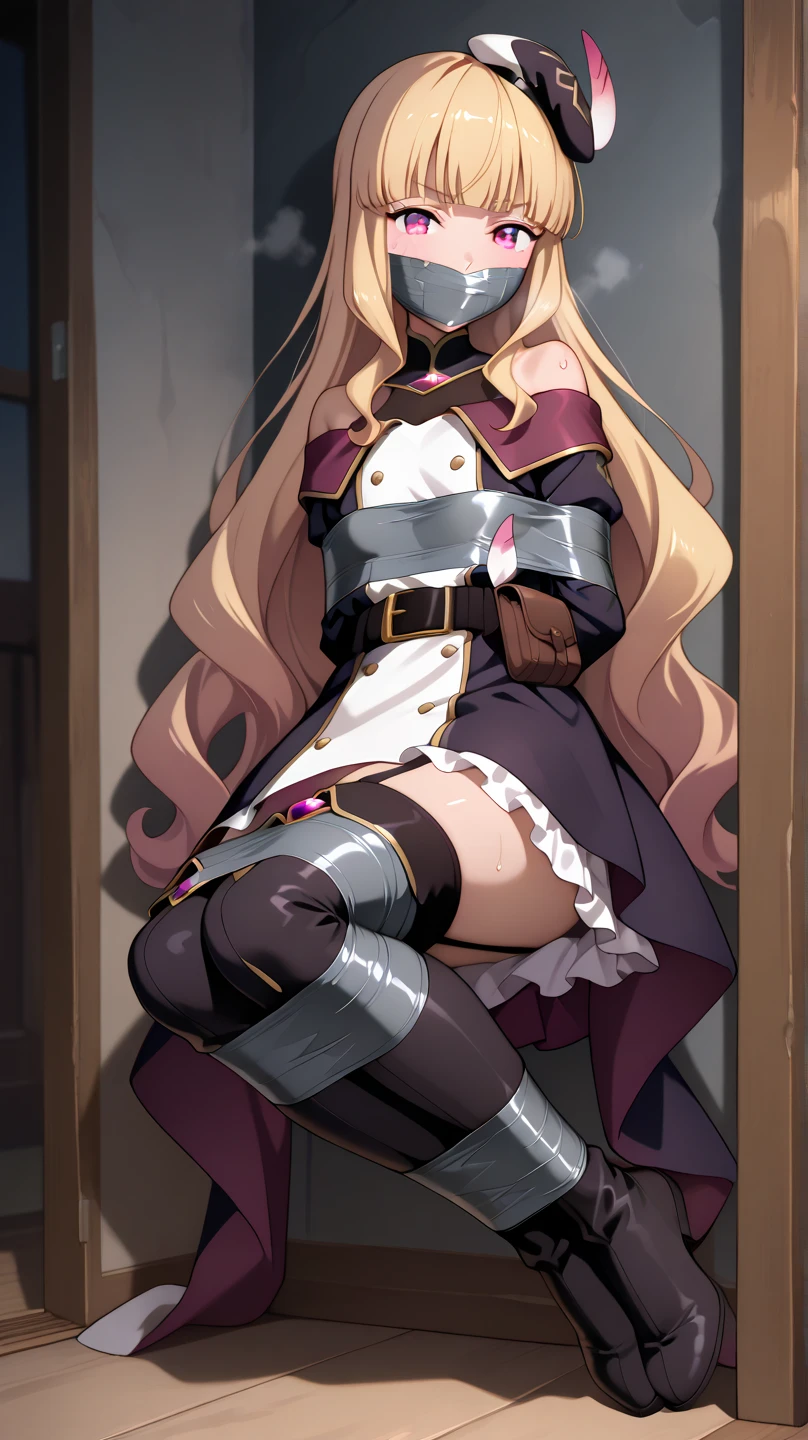 (absurdres, 8k, 4k, masterpiece, hyper extreme detailed:1.2), solo, 1girl, side view portrait, best quality, expressive eyes, perfect face, 1girl, portrait, solo, Female, mature female, adult, silver hair, brown eyes, light smile, small bust, long hair, straight hair, swept bangs, cowboy shot, half body, silver hair, expressive eyes, perfect eyes, cafe background, glasses, artist, artistic, creative, creativity, passion, passionate, friendly, sitting down, recliner, blue skies, sun, clouds, window, bound, bondage, (arms behind back:1.4), single leg purple pantyhose, necklace ,asymmetrical legwear, purple dress, purple veil, barefoot, gloves, anklet, mouth veil, jewelry, fingerless gloves, elbow gloves, bdsm, tape gag, tape, tape bondage, restrained, tape wrapped, wrap gag, bondage, taped wrists, taped breasts, taped mouth, taped elbows, taped forearms, standing up, 1girl, taped thighs, taped ankles, tape gagged, wrap gag,