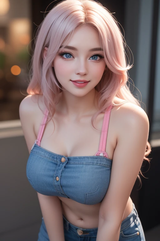 1 woman, (blue eyes), (smiling :1.2), (Sana Minatozaki), (Pink makeup using glitter :1.2), (wide hips), (big bust), (big ass),  (best quality, 8K, masterpiece: 1.3), clear focus: 1.2, perfect body beauty: 1.4, Strong abs, Highly detailed face and skin texture, (detailed eyes :1.1), double eyelid, (blonde long straight hair :1.4), (Cleavage hot pink t-shirt :1.3), jeans, standing, (face close up :1.2), on the streets of los angeles