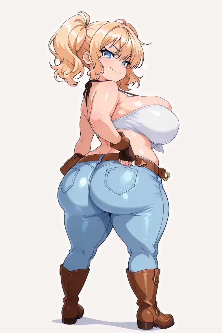 source_anime, voluptuous body, hourglass figure, 1girl,solo, huge breasts, huge ass, wearing tight farmers outfit consisting of a tanktop with ripped distressed jeans and with a sunflower sun hat, blonde coloured short hair, tons of freckles on body
