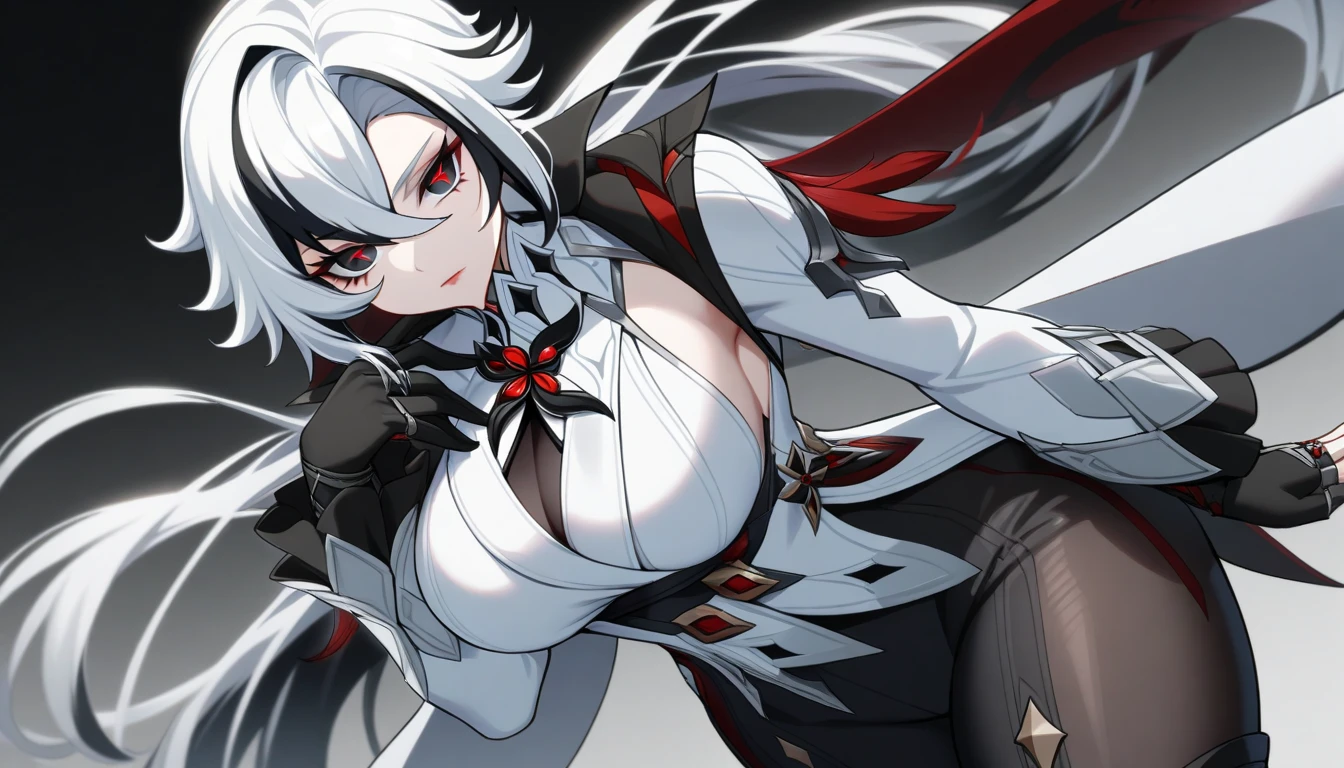 masterpiece, best quality ,ultra-detailed, very detailed illustrations, extremely detailed, intricate details, highres, super complex details, extremely detailed 8k cg wallpaper, monochrome, black and white picture, caustics, reflection, ray tracing,1girl, super detailed face, Extremely detailed eyes, beautiful eyes, highres eyes, solo, white hair, black hair, multicolored hair, black eyes, x-shaped pupils, gloves, arle_suit, upper body, seductive smile, jewelry, looking_at_viewer, signature, solo, standing, unbuttoned clothes, breasts, holding whip, (dark room:1.4), low light, moonlight dark, night,  (at the centre of picture:1.2)