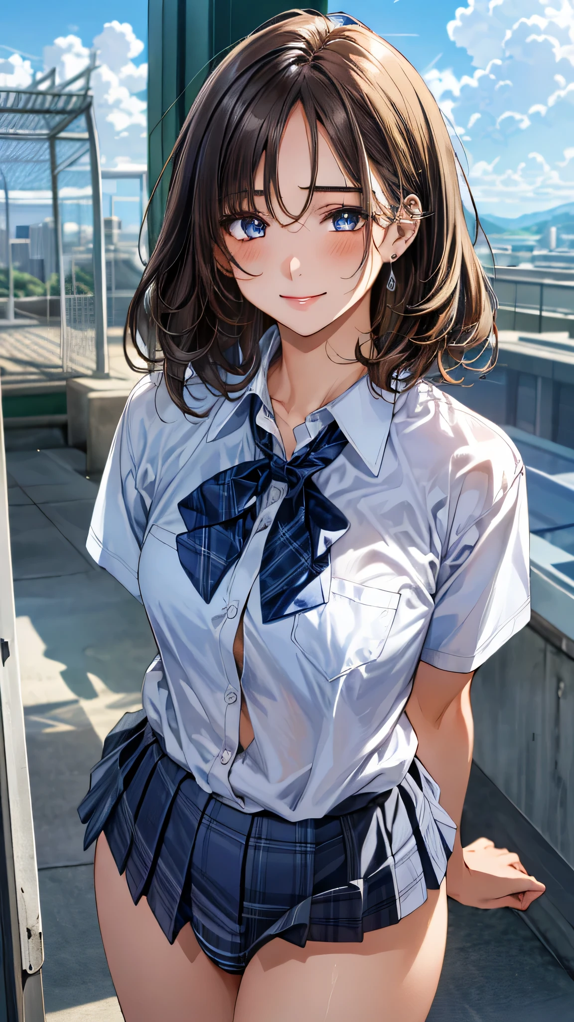 (masterpiece:1.3, Highest quality, Ultra-high resolution, Super detailed), (Realistic:1.1, photoRealistic:1.4), Beautiful illustrations, Perfect lighting, colorful, Depth of written boundary, 
Beautiful detailed hair, Beautifully detailed face, Beautiful attention to detail, Beautiful clavicle, Beautiful body, Beautiful breasts, Beautiful thighs, Beautiful feet, Beautiful fingers, 
View your viewers, 1 girl, Japanese, high school girl, Perfect Face, (Perfect Anatomy, Anatomically correct), Cute and symmetrical face, Baby Face, Sunburn, Glowing Skin, 
(Mid-length hair:1.5, ponytail:1.2, Black Hair), Asymmetrical bangs, blue eyes, Small eyes, Long eyelashes, (Medium chest), thin, 
((Collared short-sleeved shirt, Light blue shirt, , Grey plaid pleated skirt, Navy tie)), Light blue panties, 
(Beautiful views), evening, (Outdoor, distant cityscape), Are standing, Place your hand on your chest, (Cute smile, Upward glance, Open your mouth), 