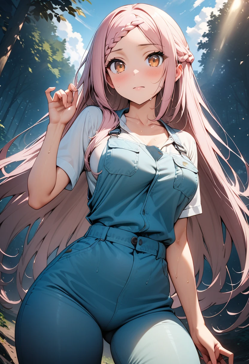 (Masterpiece, BestQuality:1.3), (ultra detailed:1.2), (hyperrealistic:1.3), (RAW photo:1.2), High detail RAW color photo, professional photograph, (Photorealistic:1.4), (realistic:1.4), (Pink Hair:1.5), professional lighting, perfect anatomy, (Big Breasts:1.2), (blush, detailed face), (A happy smile:1.7), sexly, erotic sexly, Random sexy gravure poses, (Beautiful woman wearing green overalls、A refreshing smile in the forest、Wooden Bracelet、Leaning against a tree pose。。:1.3)