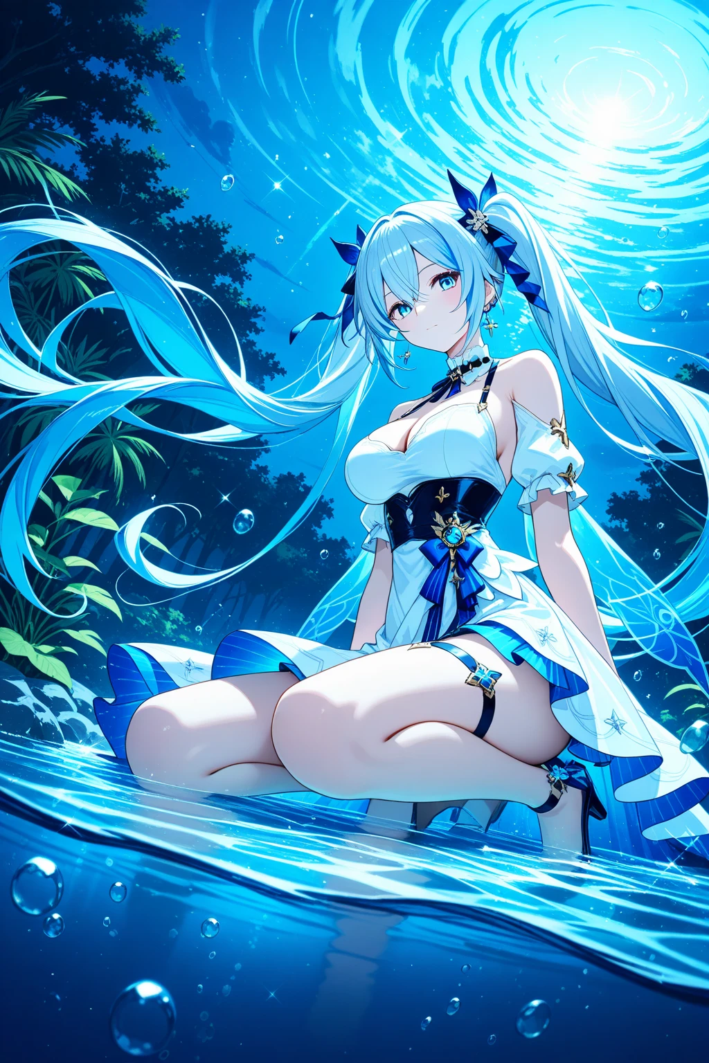 best quality, master piece
<lora:xr_v1:0.7>cowboy_shot, 
Alien coral reef, teeming with phosphorescent marine life under the shimmering water surface