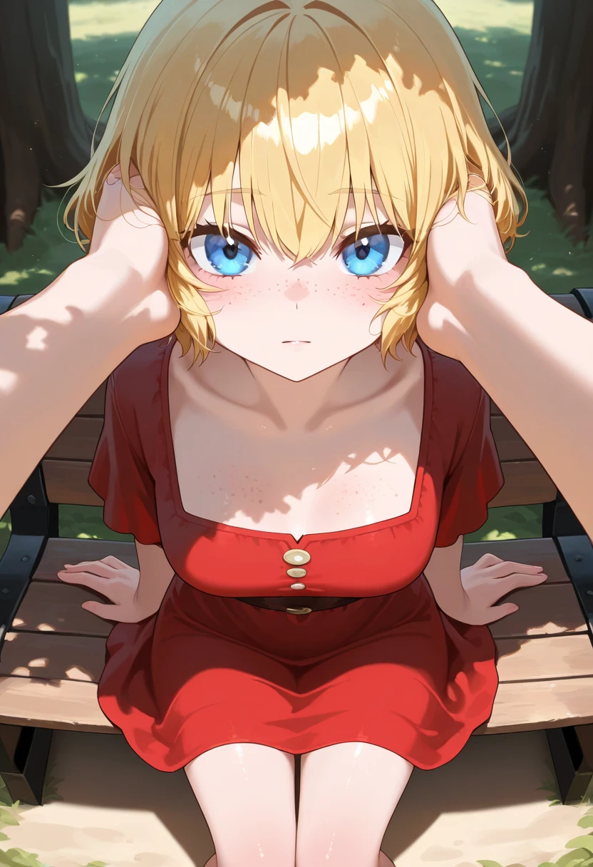 masterpiece, absurdres, best quality, ultra detailed, high Resolution, detailed illustration, bright colour, (extremely beautiful detailed face and eyes, Delicate beautiful face, 1 girl, cute face:1.3), (magenta eyes:1.1), sparkling eyes, big eyes, medium breasts, (perky breasts:1.1), (pointy breasts:1.1), medium hips, glamorous body, white skin, BREAK, long bob cut, (blonde hair:0.8), messy hair, detailed hair, shiny hair, BREAK (undressed, casual dress with print:1.3), perfect lighting, (embarrassed:1.3), (ecstasy, vulgarity:1.5), (trembling:0.8), (Sleeping on your back, On the mat, From above:1.3), 