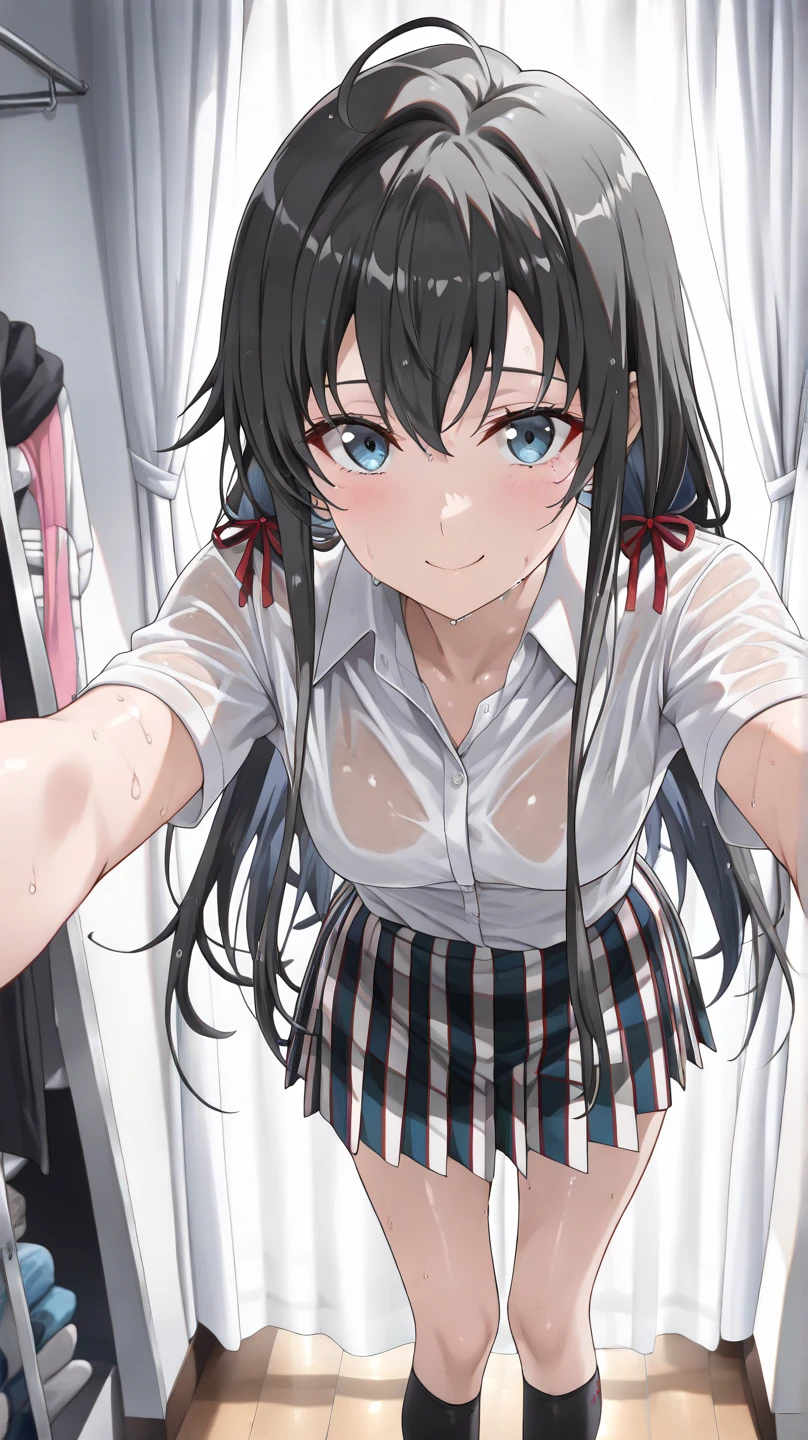 looking ahead,from above,slouch,handjob,side view,face focus,open mouth,tongue out,cum on tongue,Licking a white dildo,(1girl,Beautiful 14 year old girl),((Slender,Small breasts,Baby Face,Small face,)),looking at viewer,Black Hair,bangs,two side up,Gray Eyes,Drooping eyes,slit pupils,narrow eyes,,Short sleeve shirt,Grey checked tie,Grey checked mini skirt,Navy blue socks,Beautiful and detailed anime art,Mischievous smile,Dimly lit room,Simple Background,Gray background,Low lighting
