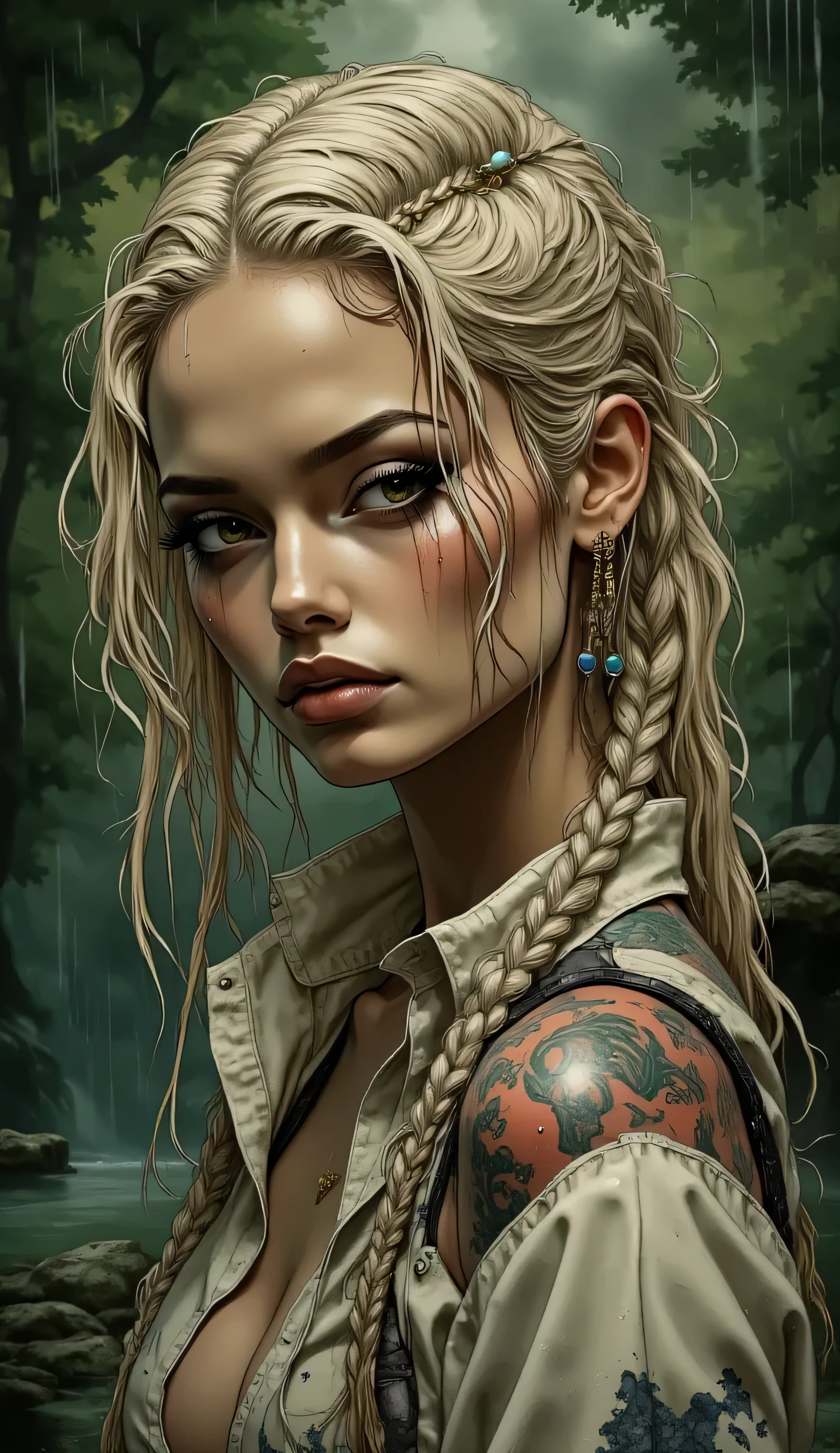 Score_9, score_8_up, score_7_up, ((highest quality)), ((masterpiece)), ((full face)), Perfect Face, (High definition), (Best Shadow), 8k, cinematic. Comic sex art. A woman(40th) with detailed tattoos, long blonde braided hair(wet), shaved sides, using small bow ties in two long braids, geometric earrings, wears a soaked white long shirt((open deep V)), front pose(light smile), outdoor pouring rainy setting(rain droplets on her skin), water droplets, dim lighting, warm, dramatic atmosphere, high contrast, strong highlights and shadows, ((full body front view:1.3)). The background is intentionally blurry and hazy, with green and light blue tones that evoke a stylized natural landscape, perhaps a mystical forest or ethereal sky.  The lighting is soft and diffused, helping to create a dreamlike, magical atmosphere.
The art style is that of a detailed fantasy illustration with a pictorial and slightly watercolored touch, inspired by the style of Luis Royo for his ability to create powerful and atmospheric fantasy figures with a sense of realism and magic. Nsfw.