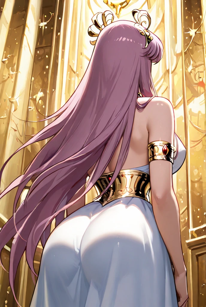 Score_9, score_8_up, score_7_up, score_6_up, source_anime, 1girl, white skin, slut, smile, back view, looking at viewer, excited, lifting the dress, showing the ass, big anus, nasty anus, hairy anus, anal plug, big anal plug in the anus, gold anal plug, 1 girl, sasha, green eyes, purple hair, long hair, collarbone, large breasts, cleavage, white dress1, dress, petal bracelet, gold belt, jewelry, high quality, wallpaper