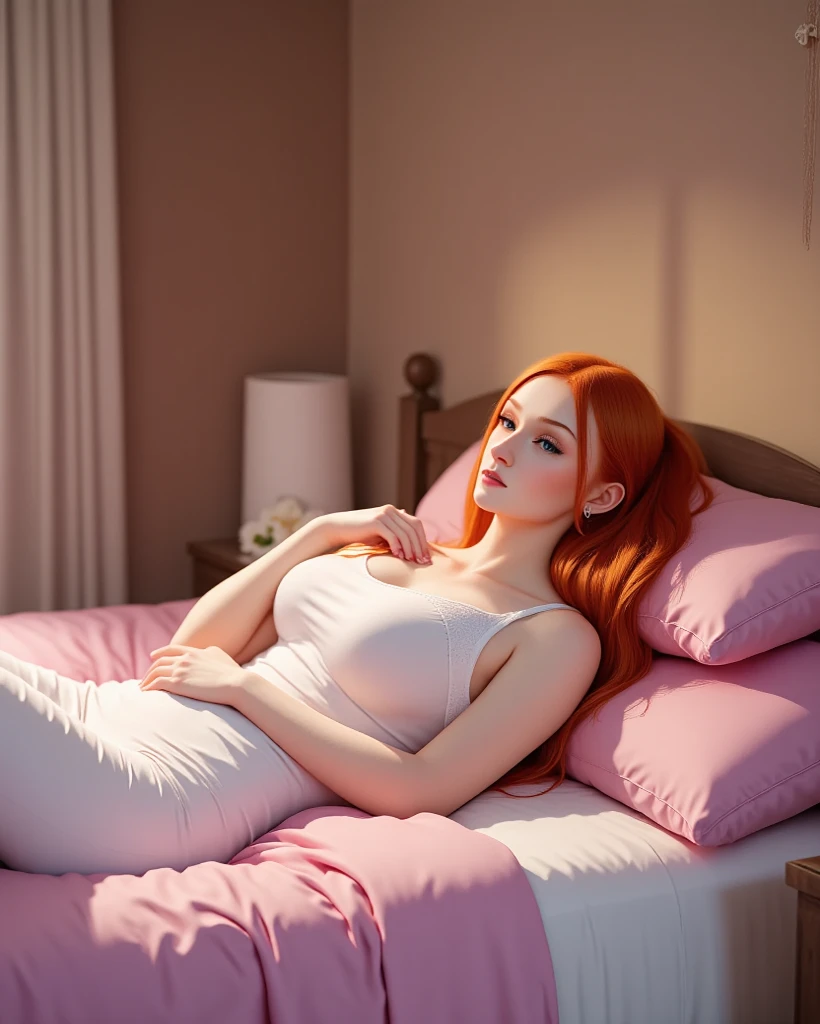 "(Best quality), (full body, red-haired woman), beautiful western face, elegant pose, dynamic angle, inside a massage room, mattress on the floor."