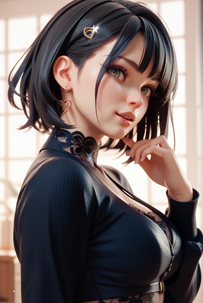(photo RAW, beste-Qualit), (realisti, foto realista: 1.2), A girl , hiquality, (high skin detail: 1.4), green colored eyes , beautiful hair, (a dark room: 1.3), (rim lighting: 1.3) , (dimly lit:1.3), (It's dark night:1.3), Inside the house, portraite of a, black hair, Dark background, Short Hair Hair,8K