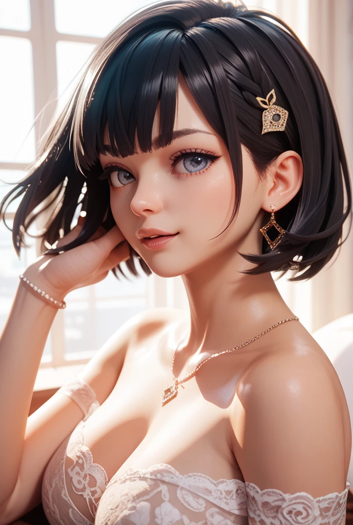 short black hair, (photorealistic:1.4), (masterpiece, sidelight, exquisite beautiful eyes: 1.2), masterpiece*portrait, realistic, 3D face, glowing eyes, shiny hair, shiny skin, solo, embarrassing, (abdomen),